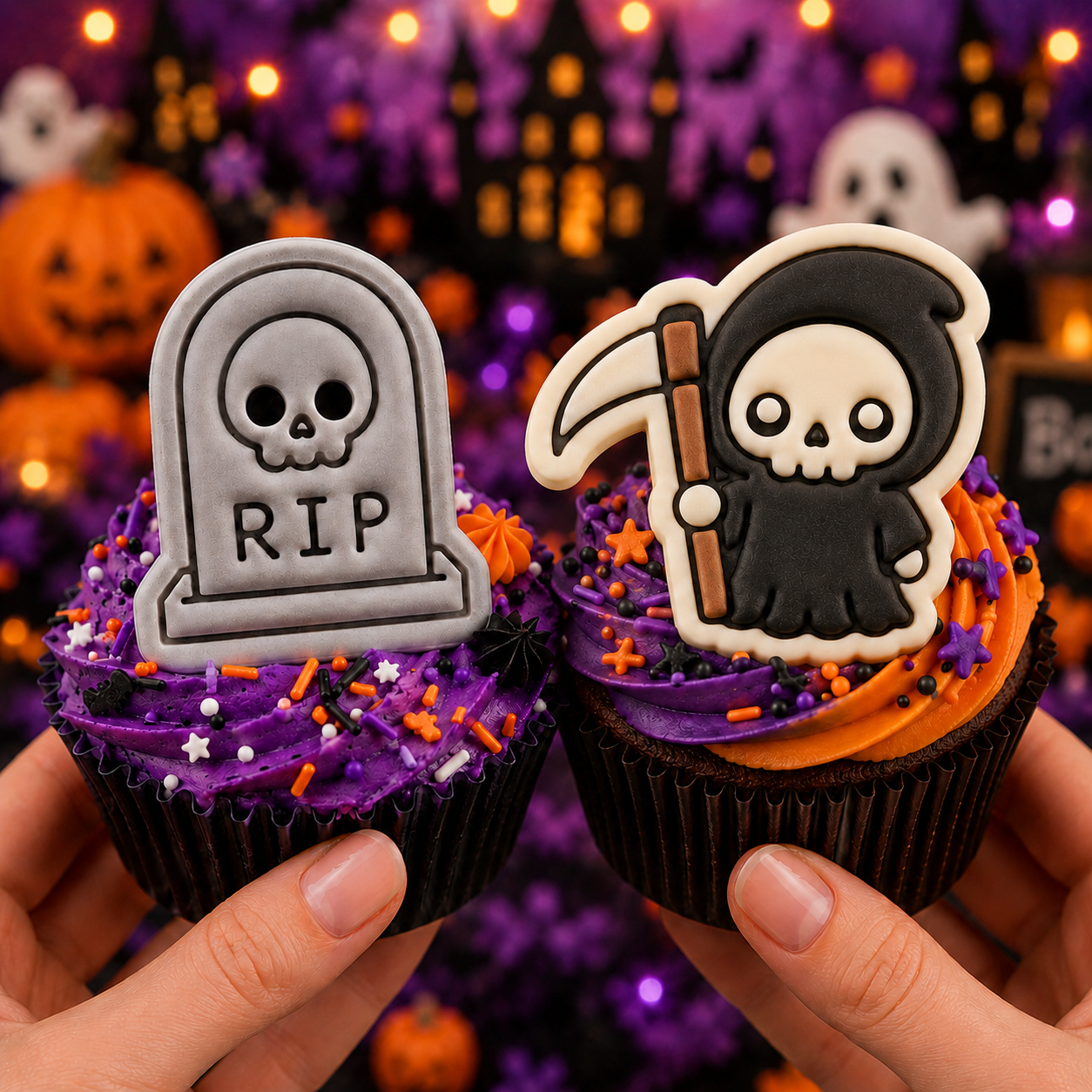 Coloured Grim Reaper and skull tombstone fondant toppers on Halloween cupcakes held in hands