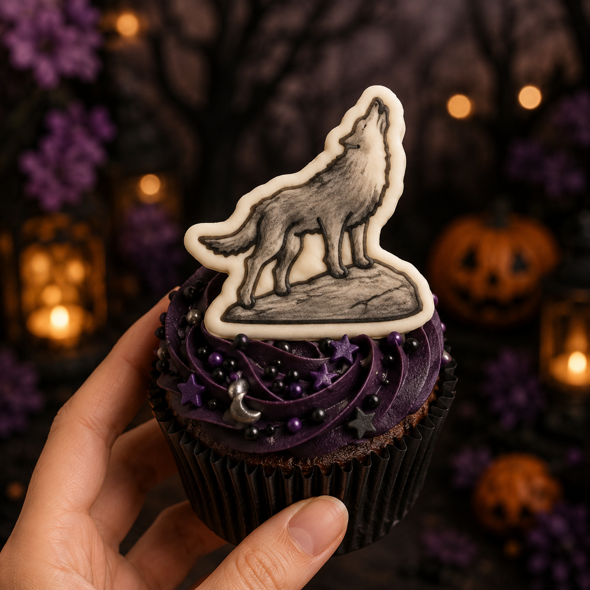 Grey howling wolf fondant cupcake topper with woodland Halloween decorations