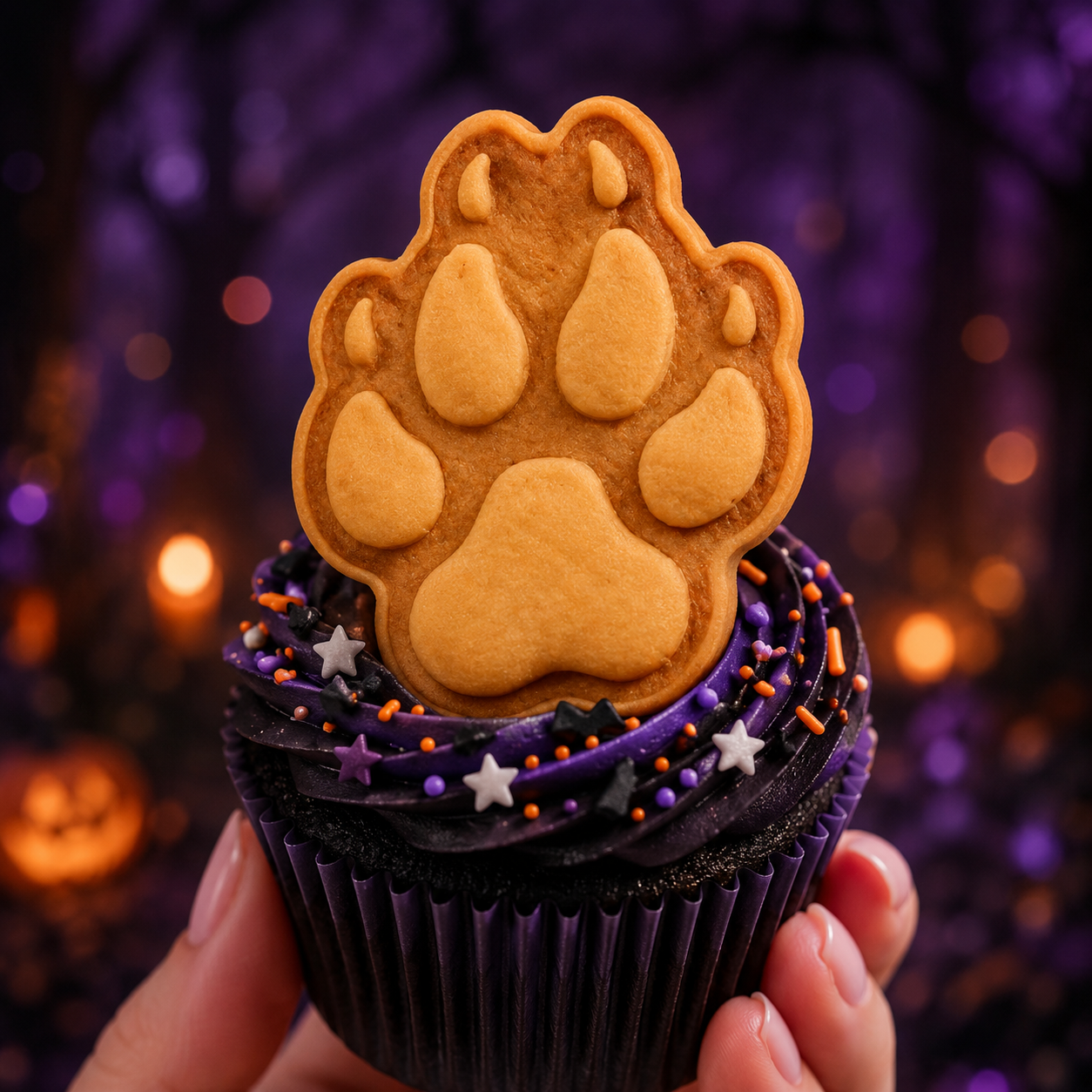 Wolf paw print stamped cookie topper on dark cupcake with spooky woodland background