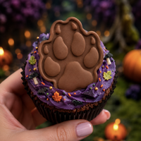 Brown wolf paw print fondant topper on purple cupcake in a woodland autumn setting