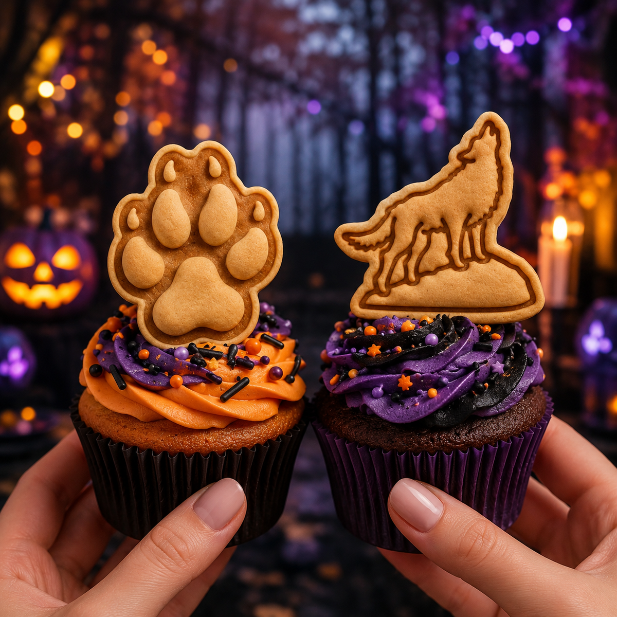 Howling wolf and wolf paw print cookies on Halloween woodland cupcakes
