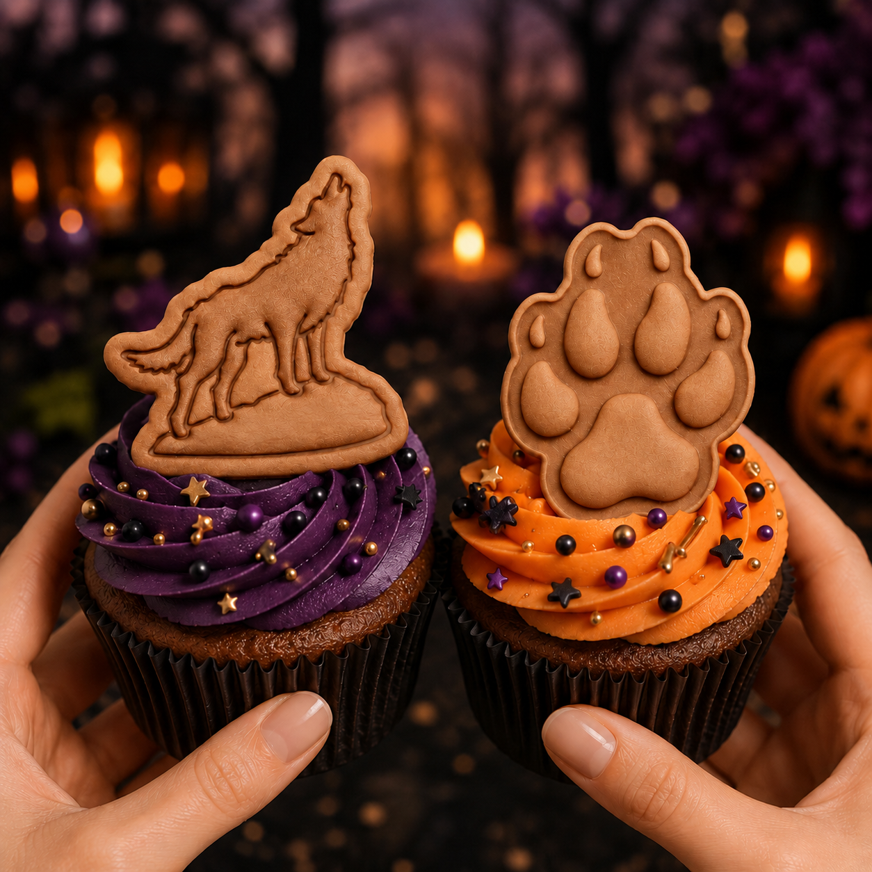Howling wolf and wolf paw print fondant cupcake toppers in a dark woodland Halloween setting