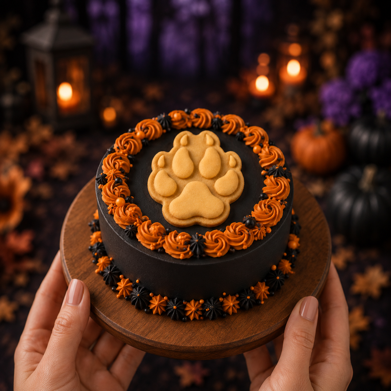 Wolf paw print cookie topper on black Halloween cake with orange decorations