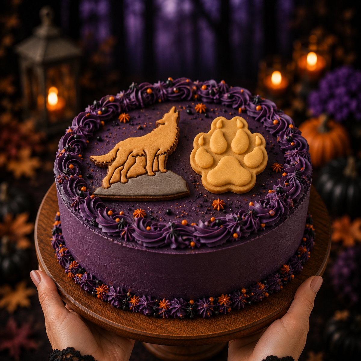 Howling wolf and wolf paw print cookies decorating a purple woodland Halloween cake