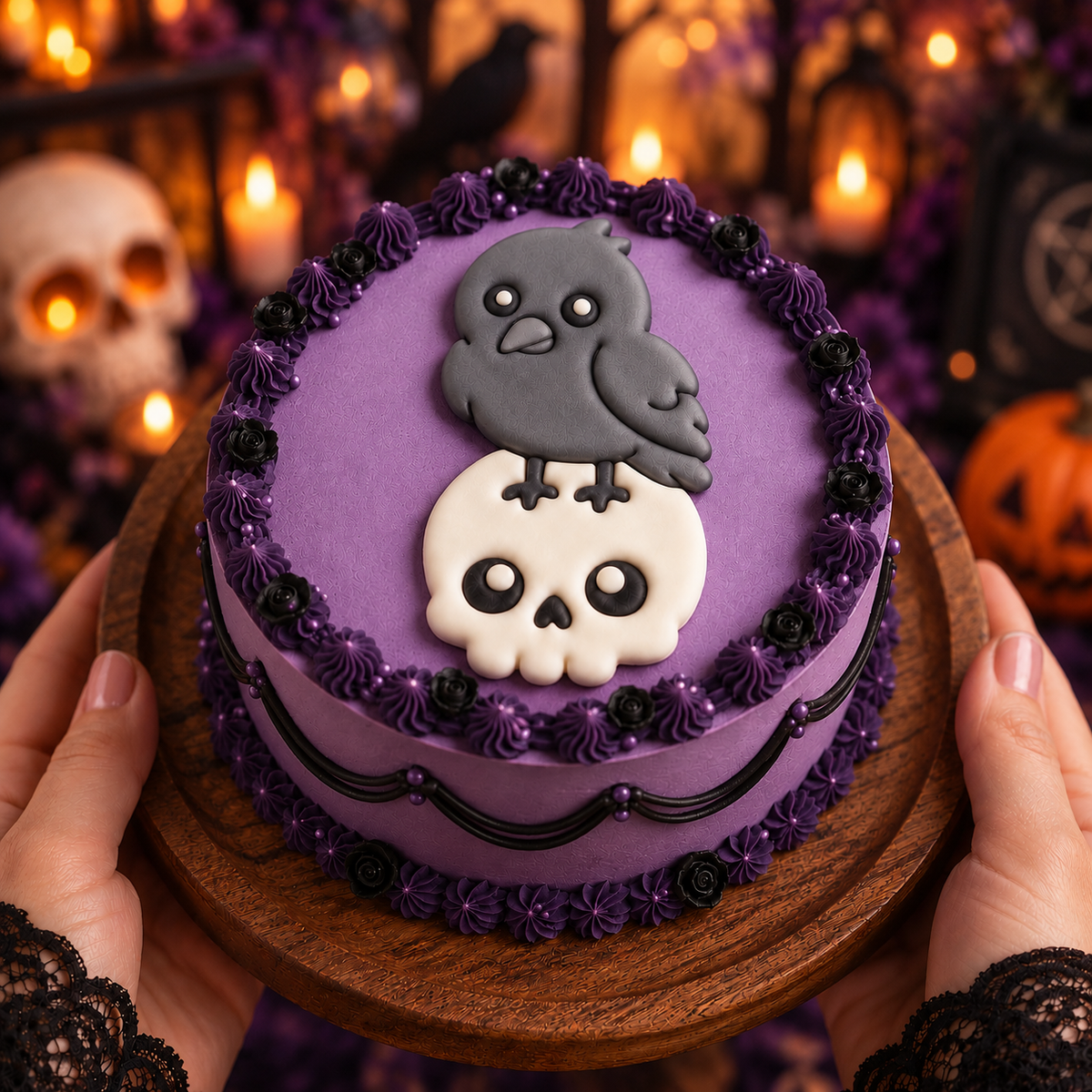 Kawaii raven on skull fondant topper on a purple gothic Halloween cake