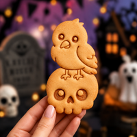 Kawaii raven perched on skull Halloween cookie held against a spooky graveyard background