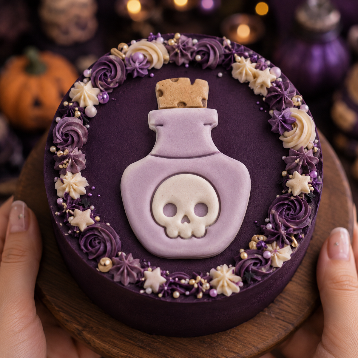 Purple witchy Halloween cake topped with a skull poison potion fondant decoration