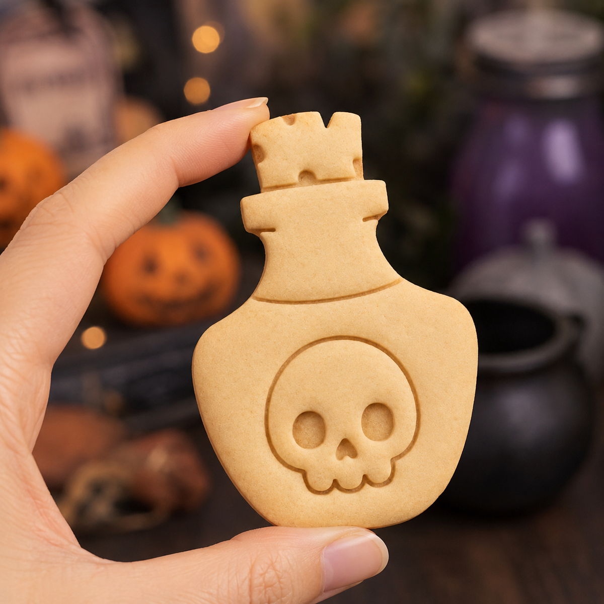 Kawaii skull poison potion bottle cookie held against a witchy Halloween background