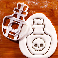 Kawaii poison potion Halloween cookie cutter with skull bottle fondant impression