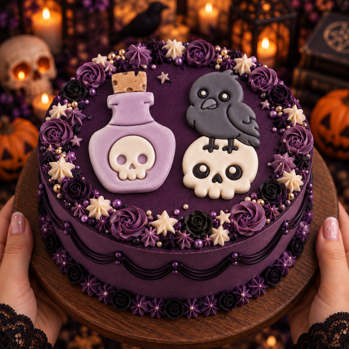 Gothic Halloween cake topped with raven on skull and poison potion fondant decorations