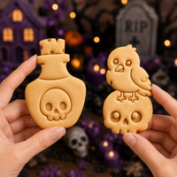 Kawaii raven on skull and poison potion cookies held against a gothic Halloween background