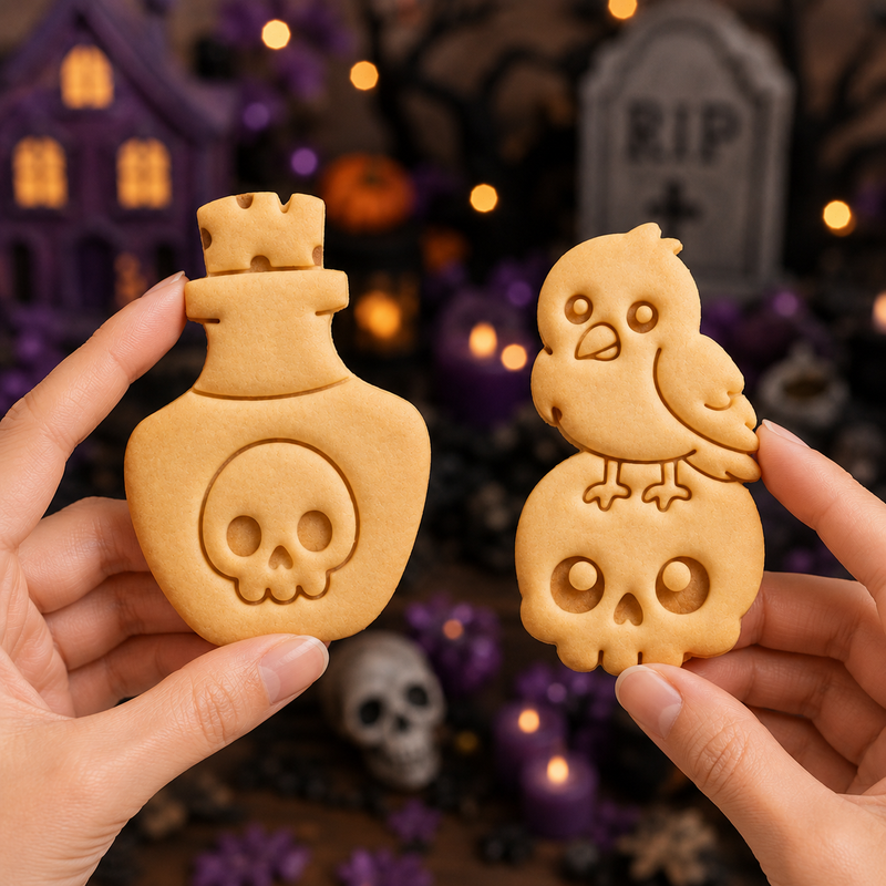 Kawaii raven on skull and poison potion cookies held against a gothic Halloween background