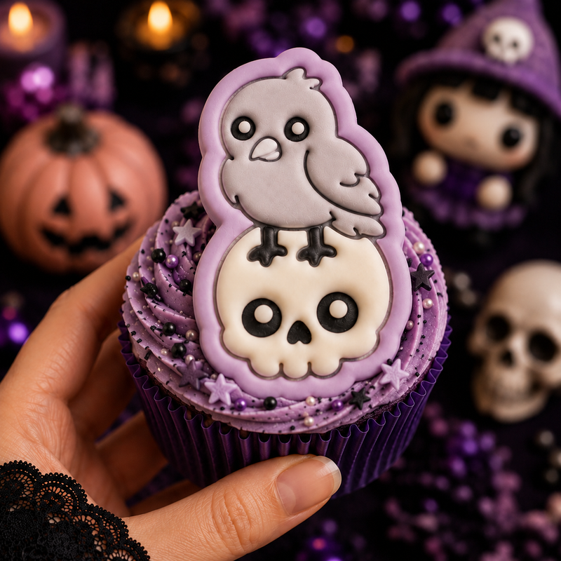 Kawaii raven on skull fondant cupcake topper for gothic Halloween baking