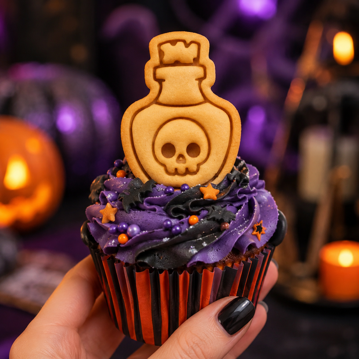 Poison potion mini Halloween cookie topper on purple and black frosted cupcake