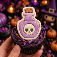 Kawaii skull poison potion fondant cupcake topper for witchy Halloween baking
