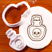 Kawaii poison potion mini cookie cutter and stamp with skull bottle fondant impression