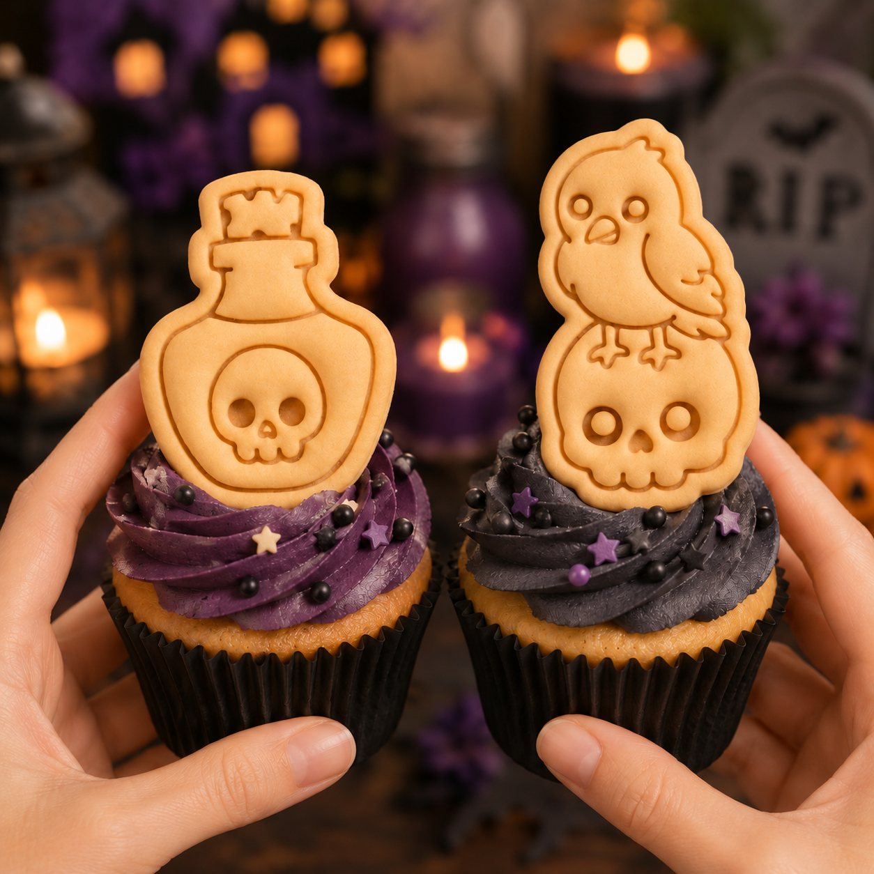 Raven on skull and poison potion mini Halloween cookies used as spooky cupcake toppers