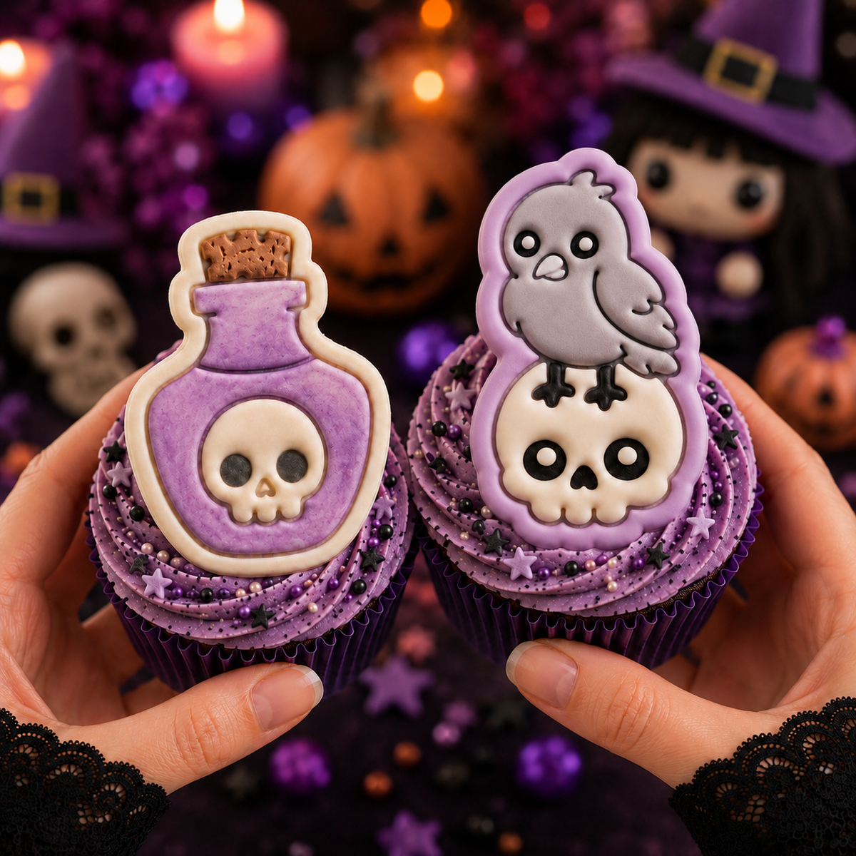 Kawaii raven on skull and poison potion fondant cupcake toppers for witchy Halloween baking