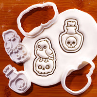Kawaii raven on skull and poison potion mini cookie cutter and stamp set with fondant impressions