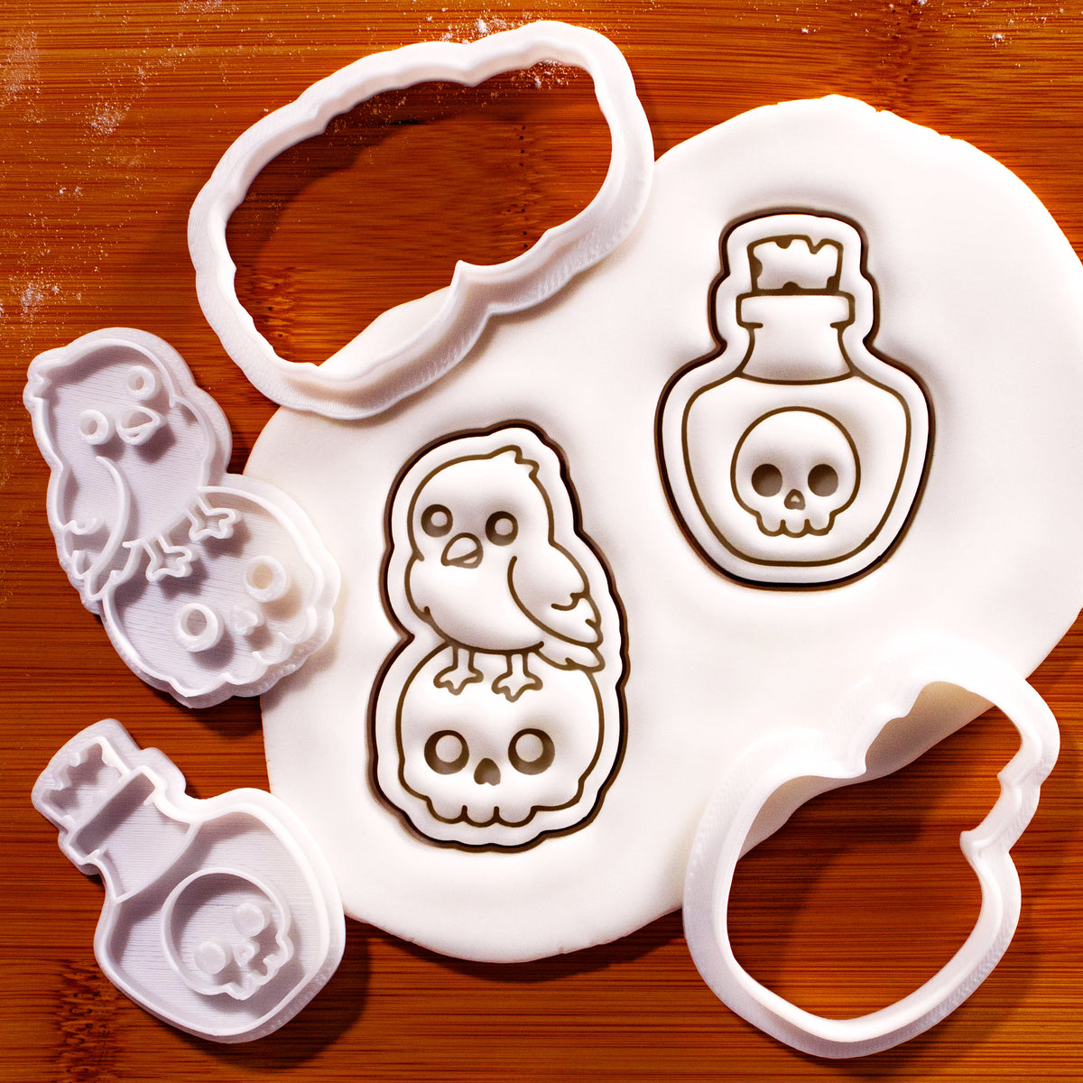 Kawaii raven on skull and poison potion mini cookie cutter and stamp set with fondant impressions