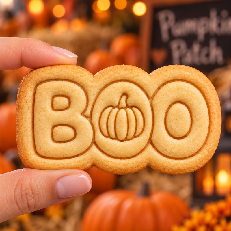 BOO pumpkin stamped Halloween cookie held against an autumn pumpkin party background