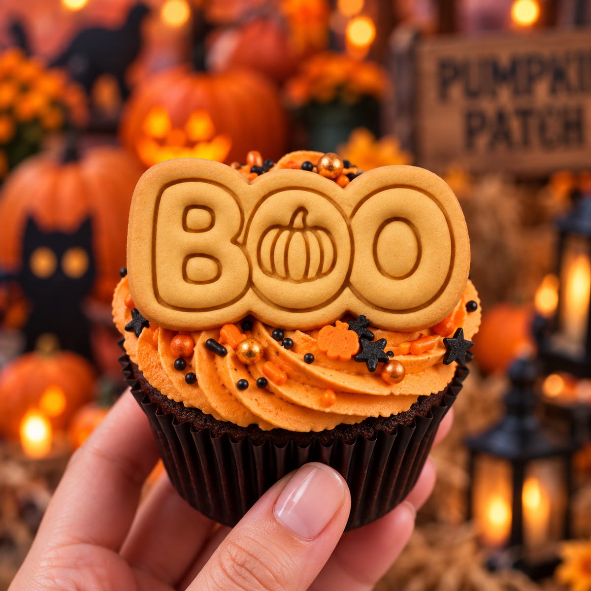 BOO pumpkin mini stamped cookie used as a Halloween cupcake topper