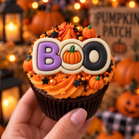 Purple orange and black BOO pumpkin fondant topper on a Halloween cupcake