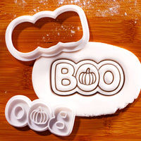 BOO pumpkin mini cookie cutter and stamp set with embossed Halloween fondant impression