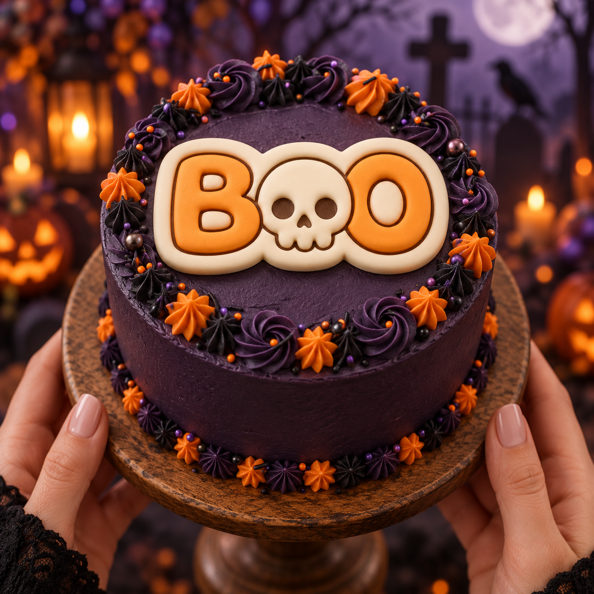 BOO skull fondant decoration on a purple Halloween cake with orange and black buttercream
