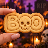 BOO skull stamped Halloween cookie with clear embossed lettering and skull design