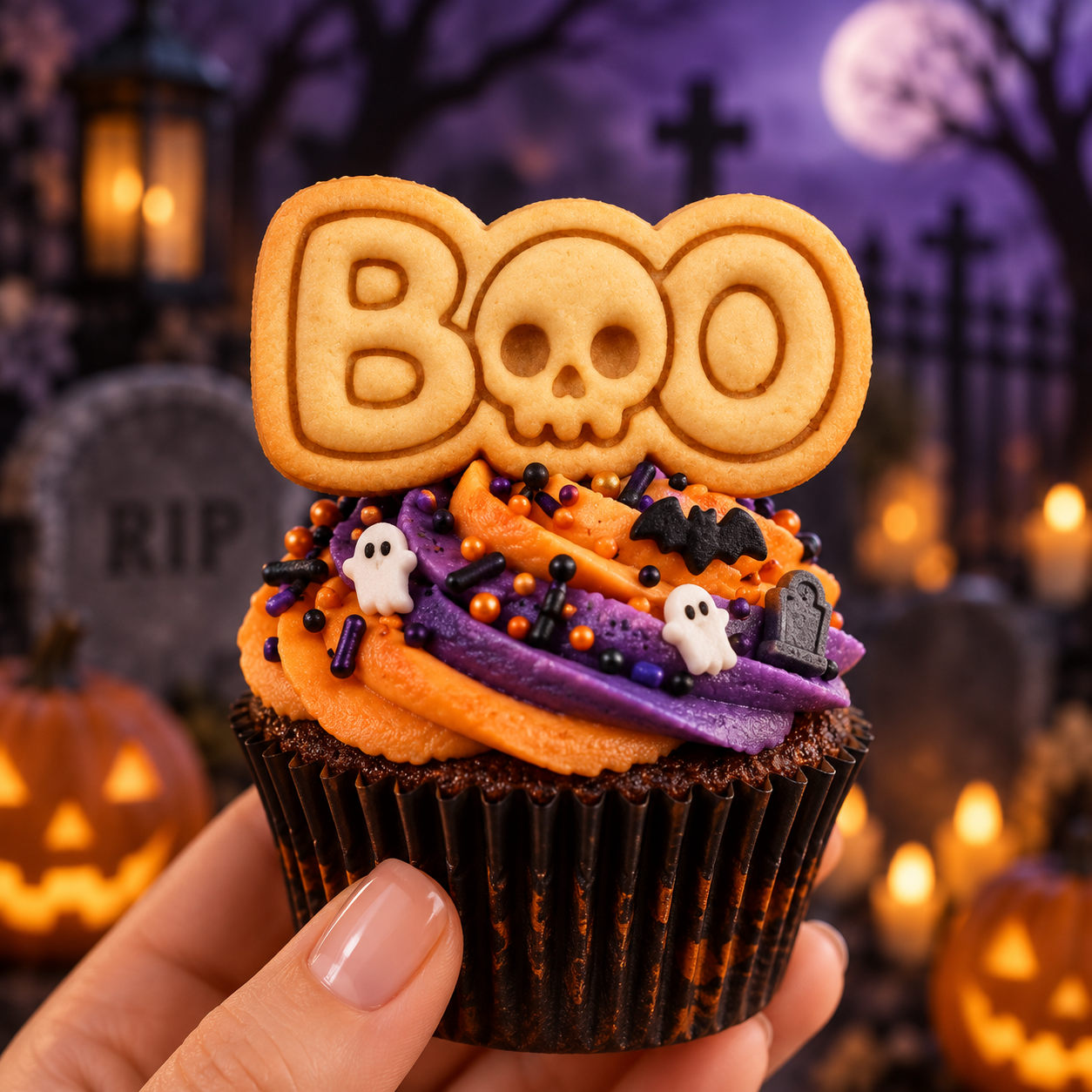 BOO skull mini cookie topper on a Halloween cupcake with orange and purple frosting and spooky sprinkles