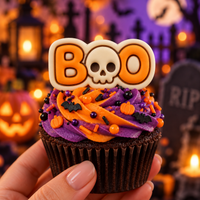 BOO skull mini fondant cupcake topper on a Halloween cupcake with orange and purple buttercream