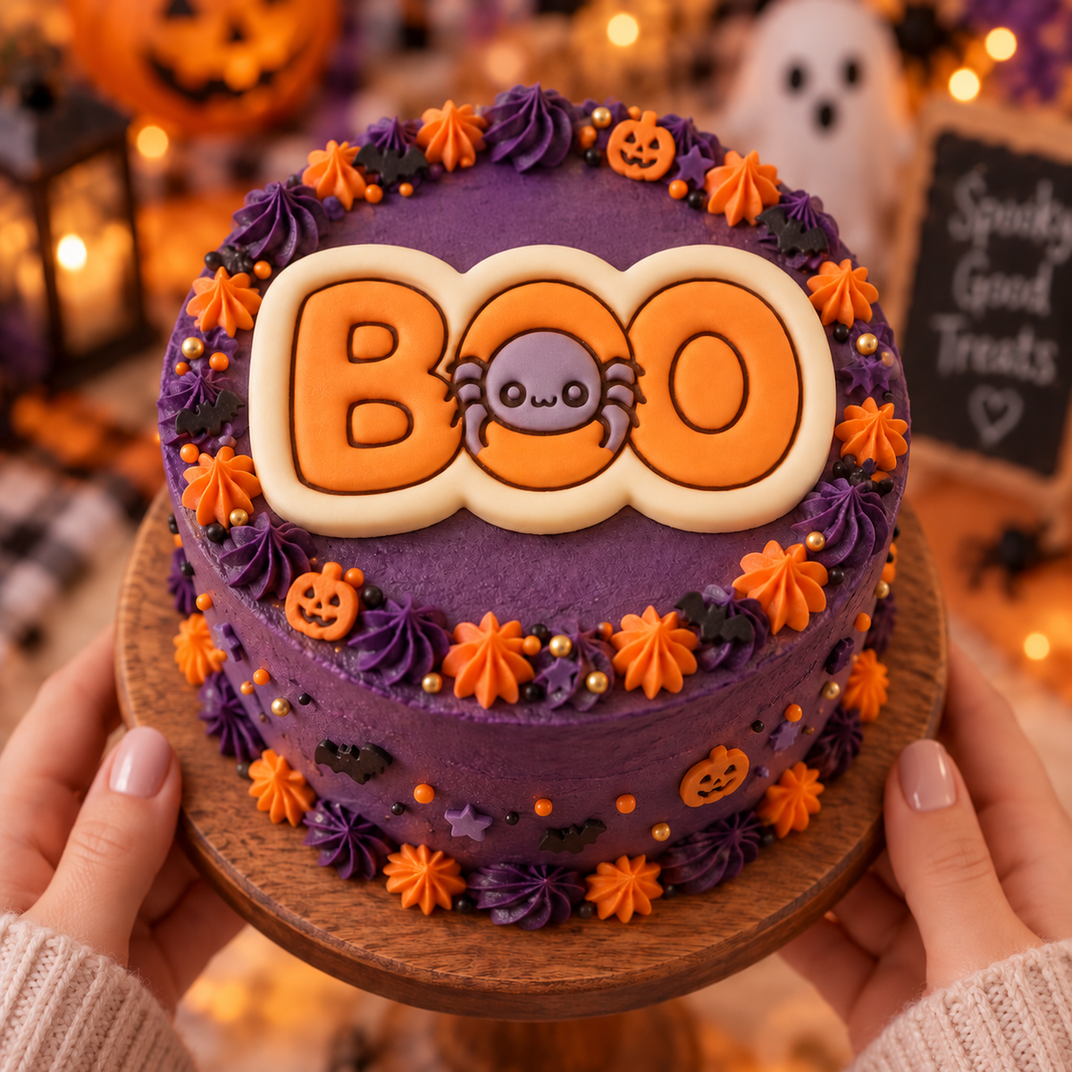 BOO spider fondant cake topper on purple Halloween cake with orange and purple decorations