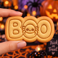 BOO spider embossed Halloween cookie held by hand with pumpkins and spooky decorations in background