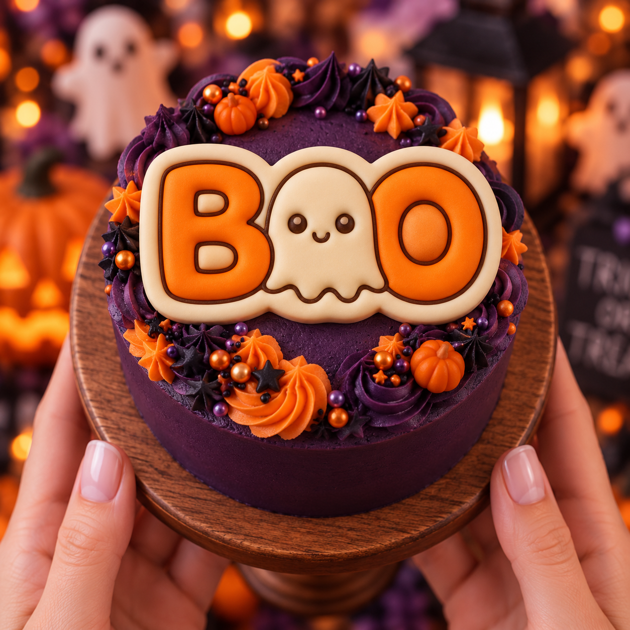 BOO cute ghost fondant cake topper on a purple Halloween cake decorated with orange buttercream and pumpkins