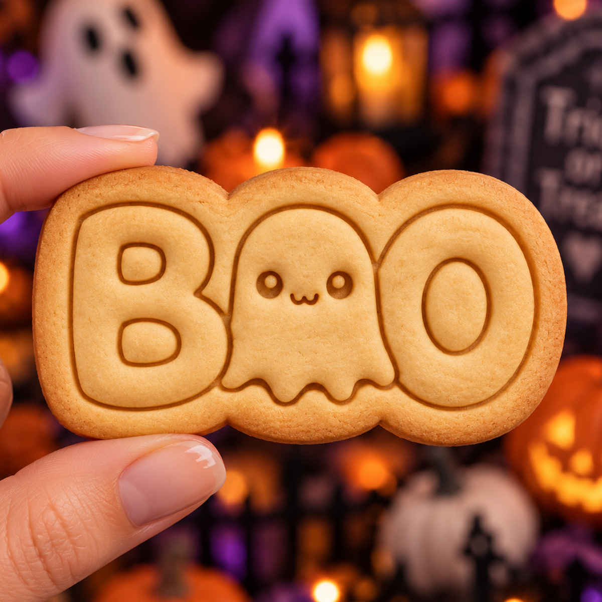 BOO cute ghost embossed cookie held by hand against a blurred orange and purple Halloween background
