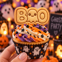 Mini BOO ghost cookie topper on a Halloween cupcake with orange, white and purple frosting and spooky party background