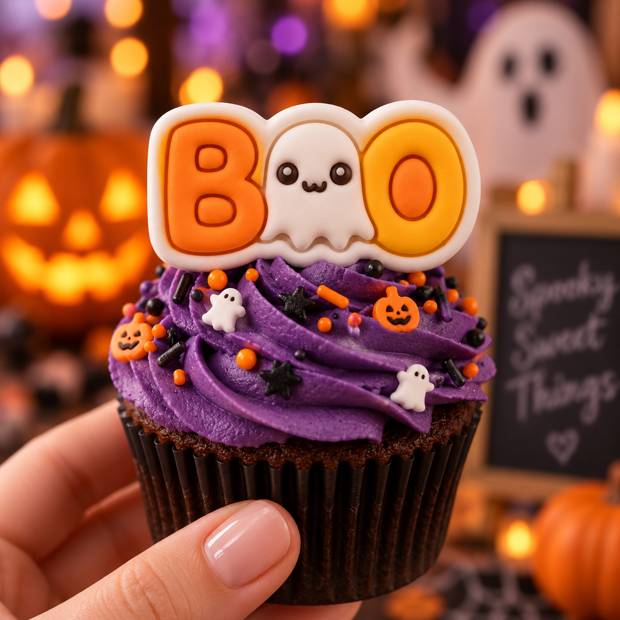 BOO cute ghost fondant cupcake topper on a purple Halloween cupcake with sprinkles and spooky background