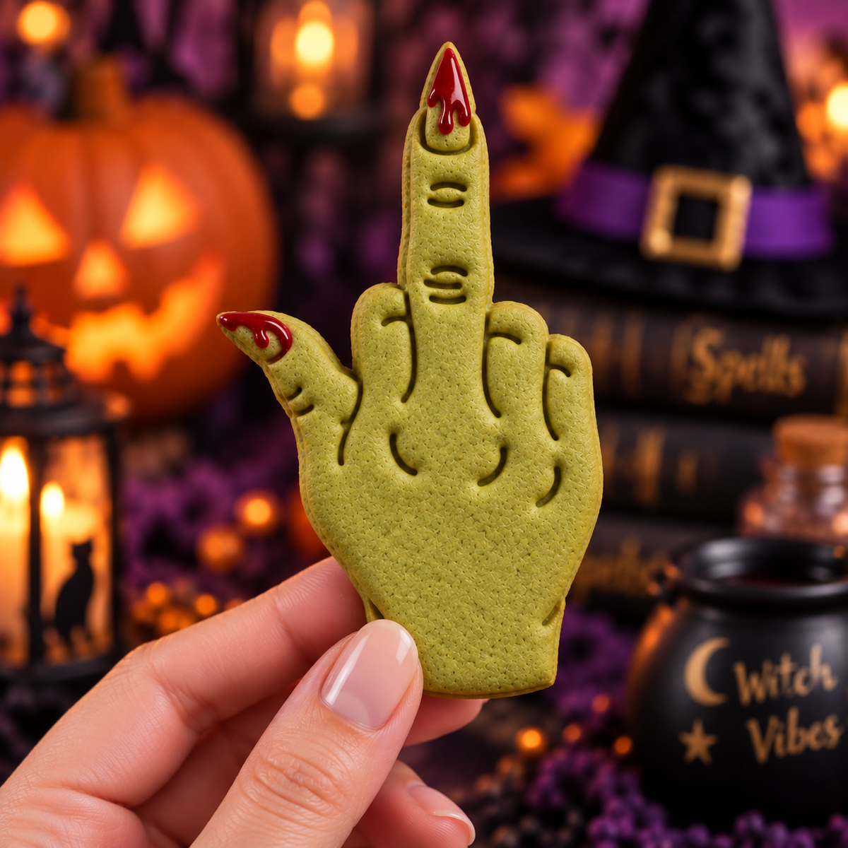 Green witch hand middle finger Halloween cookie with long red pointed nails held against a witch-themed party background