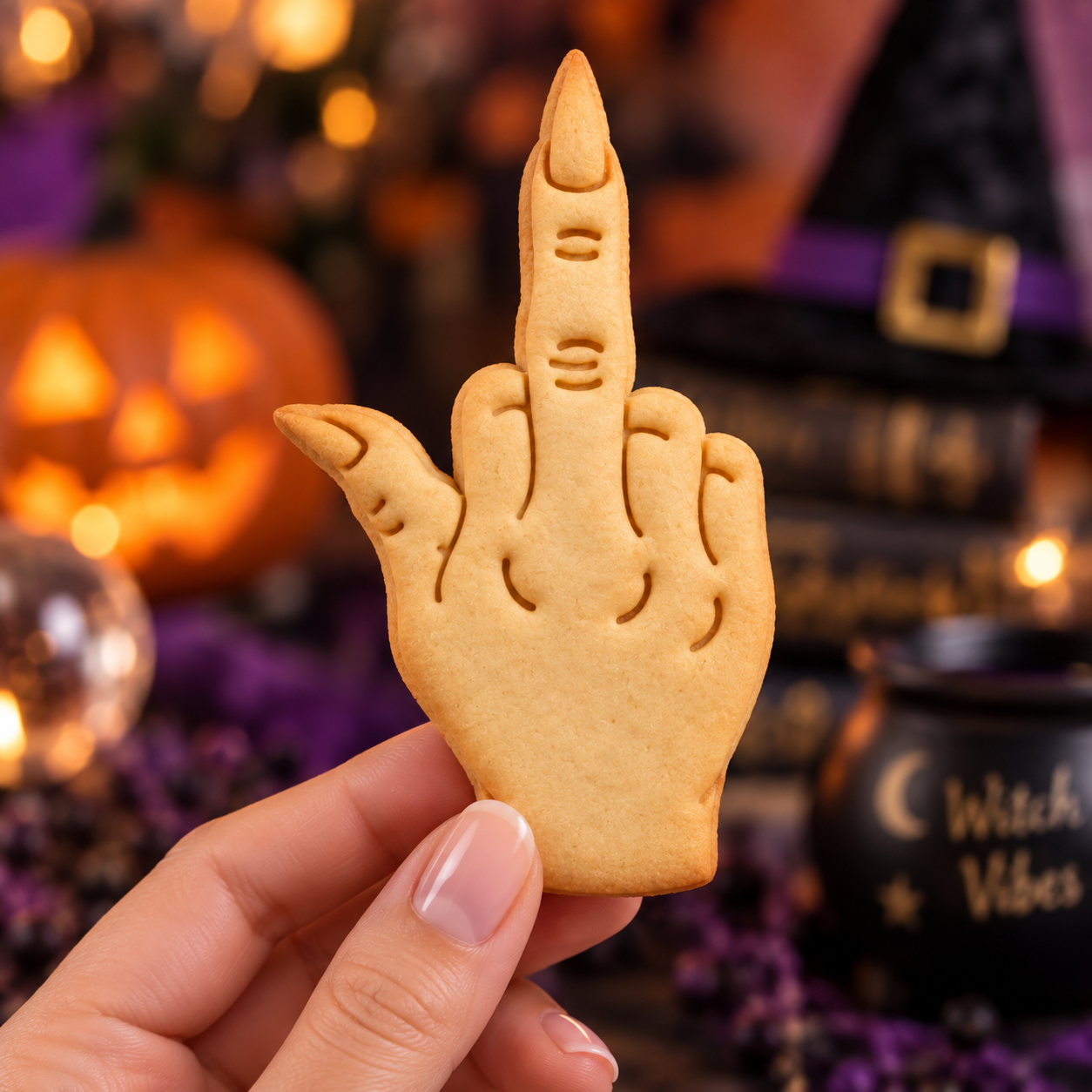 Witchy middle finger shaped cookie with pointed nails and embossed hand details held against a Halloween background