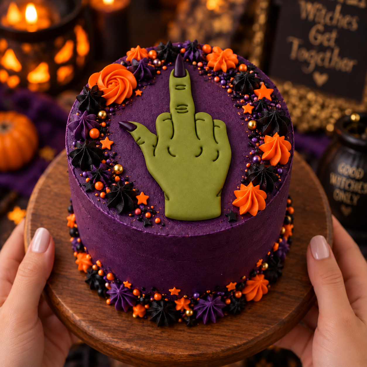 Green witch hand middle finger fondant topper on a purple Halloween cake with orange and black decorations