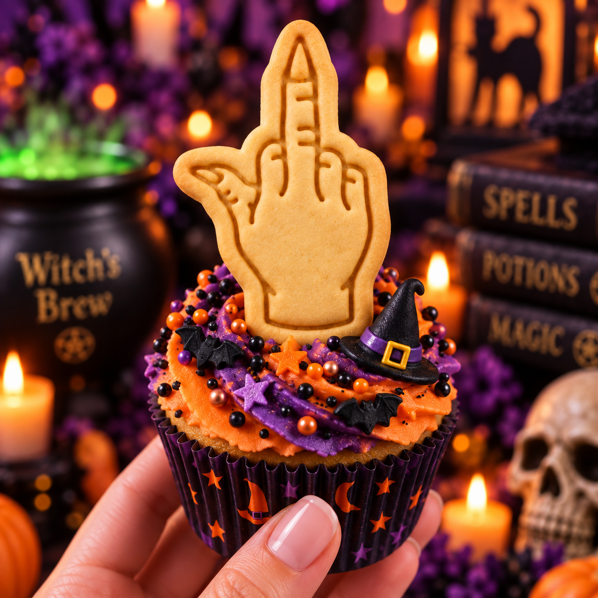 Witchy middle finger mini cookie topper with embossed hand and pointed nail details on a Halloween cupcake