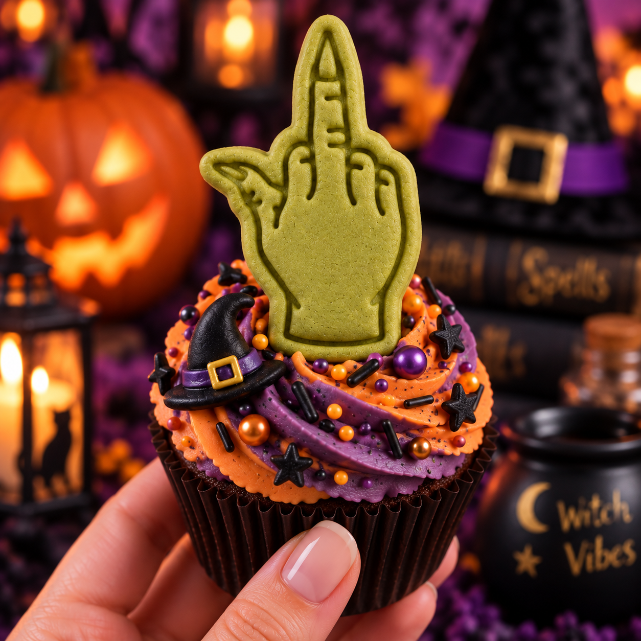 Green witchy middle finger mini topper on an orange and purple Halloween cupcake with witch hat decoration