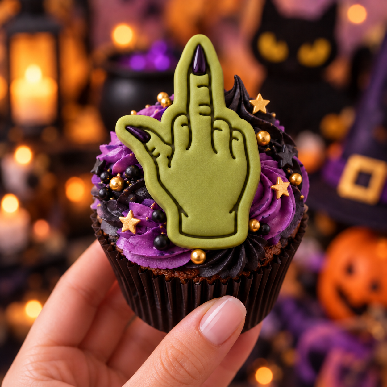 Green witch hand middle finger fondant cupcake topper with purple pointed nails for Halloween baking