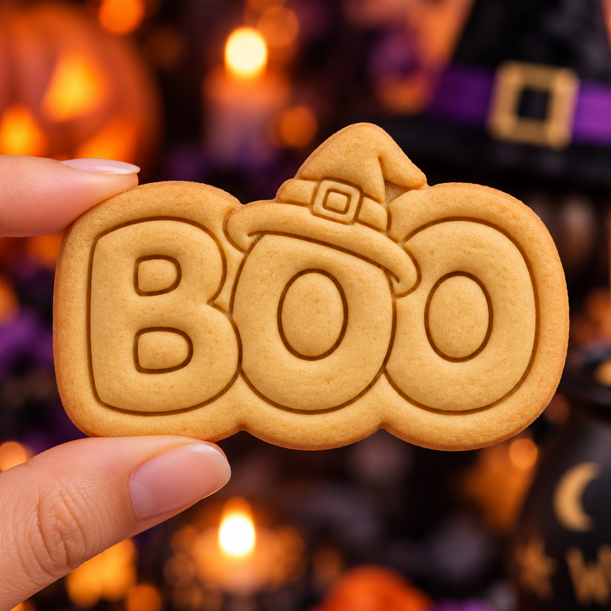 BOO witch hat embossed Halloween cookie held by hand against a blurred witch-themed background