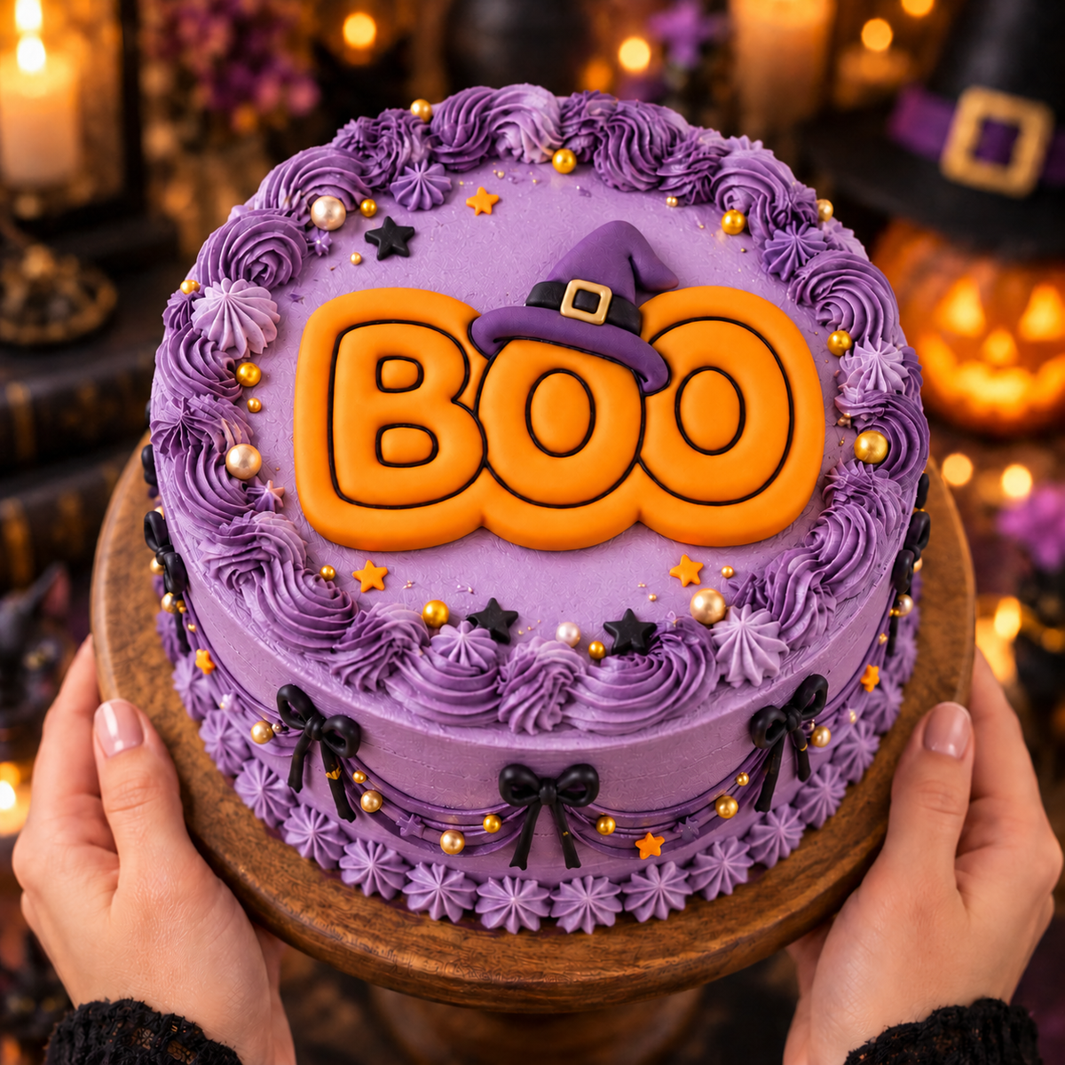 BOO witch hat fondant cake topper on purple Halloween cake with orange lettering and witch hat