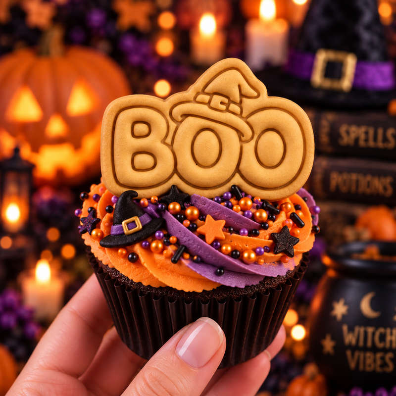 BOO witch hat mini embossed Halloween cookie with clear lettering and witch hat stamp details