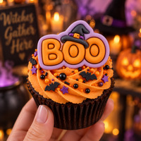 BOO witch hat mini fondant cupcake topper on orange Halloween cupcake with bats and sprinkles
