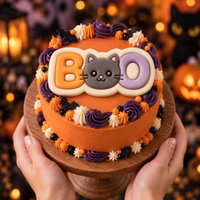 BOO cat face fondant cake topper on orange Halloween cake with purple buttercream and bat decorations