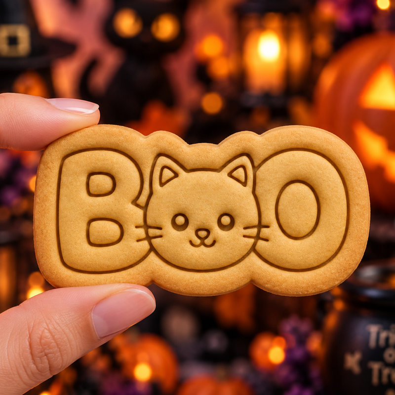 BOO cat face Halloween cookie with embossed kawaii cat, whiskers and lettering details